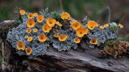 A vibrant cluster of yellow-orange flowers atop gray lichen on a weathered log, showcasing nature's beauty and diversity. photo