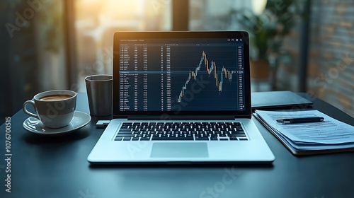 A laptop with a stock market graph on the screen, a cup of coffee, a notepad, and a pen on a desk.