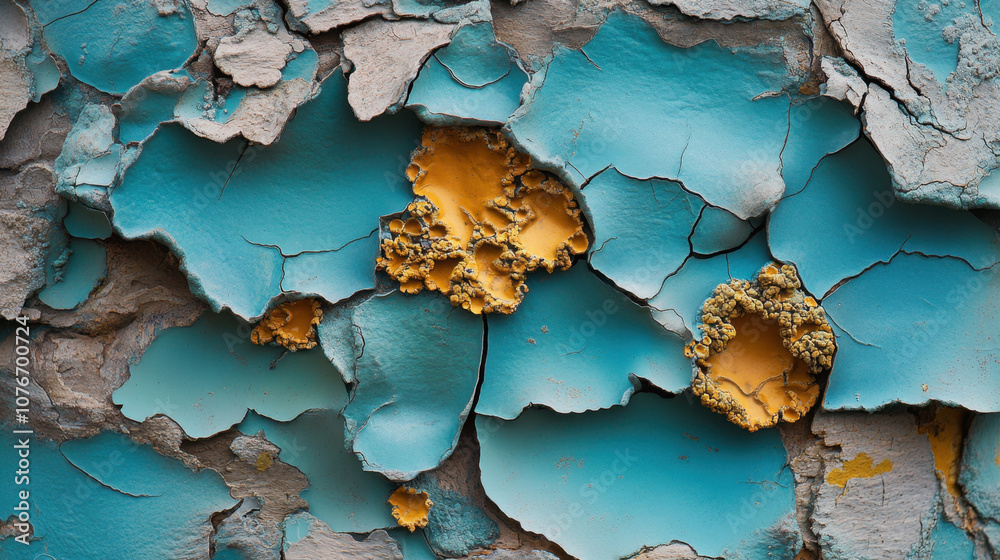 Obraz premium A close-up of peeling paint reveals a vibrant blue and contrasting yellow interior, showcasing texture and decay on a weathered surface.