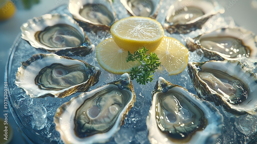 A plate of oysters with a lemon wedge on the side A plate of oysters with a lemon wedge on the side