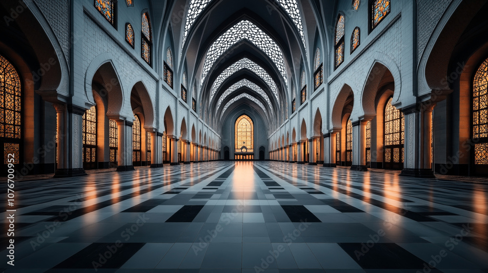 Grand interior with arched ceilings and stained glass windows in an expansive hallway, featuring intricate architectural details and symmetrical design elements. Grand interior with arched ceilings and stained glass windows in an expansive hallway, featuring intricate architectural details and symmetrical design elements.