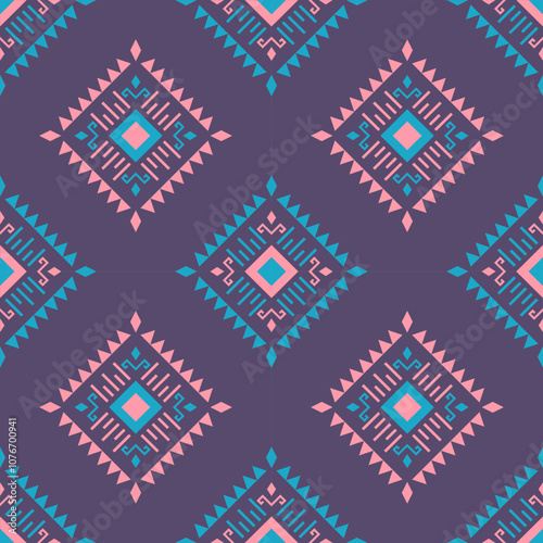 Abstract ethnic seamless pattern in tribal.Modern textile in native American,Mexican,African, mediterranean style.Aztec geometric fabric folk art background.Colorful boho design for print decorate