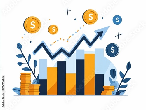 of an upward trending bar graph with rising arrows and coins symbolizing the growth and success of the market and financial investments