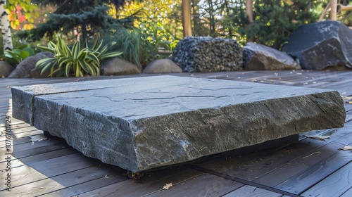 flat stone podium on a rock platform serves as a stylish showcase against a backdrop of verdant forest scenery