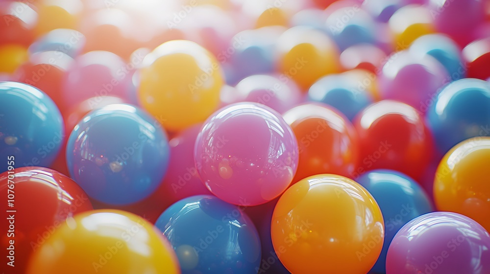 Playful scene of multicolored plastic balls in a ball pit captured with macro photography, featuring vibrant rainbow colors and shallow depth of field in an entertainment setting. Playful scene of multicolored plastic balls in a ball pit captured with macro photography, featuring vibrant rainbow colors and shallow depth of field in an entertainment setting.