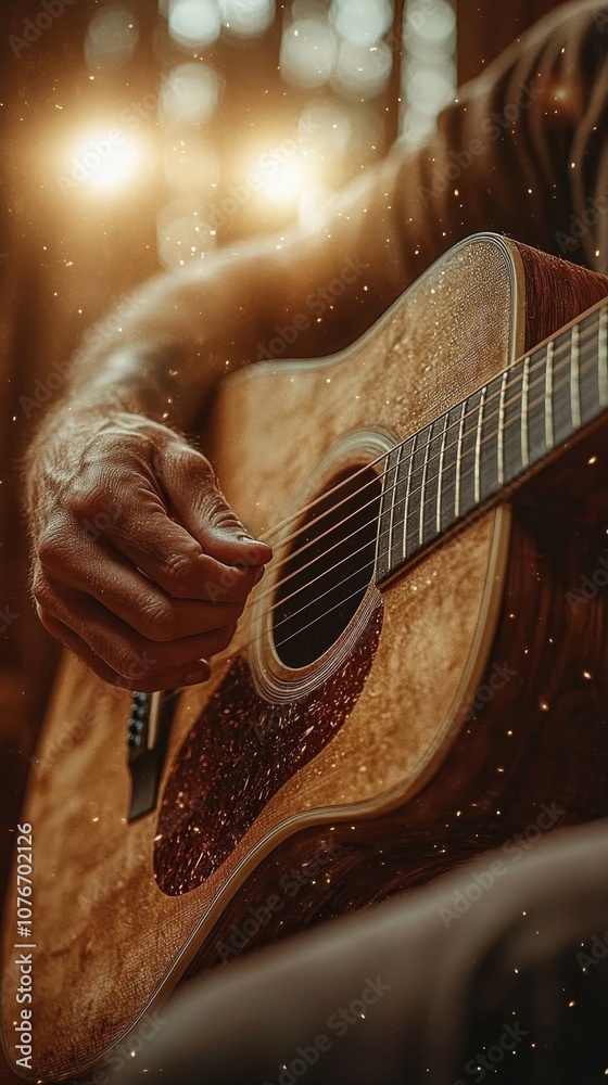 Fototapeta premium Practicing guitar in warm lighting.