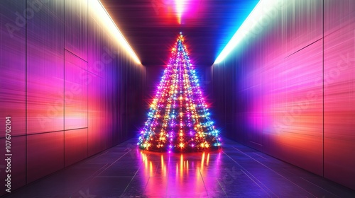 Minimalistic chrome Christmas tree, multicolored LED lights glowing in geometric patterns, set in a sleek, metallic room. Sci-fi, neon palette, high contrast lighting, ultra-modern
