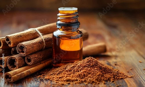 Bottle of cinnamon oil with cinnamon powder and cinnamon sticks beside it on a wooden table  photo