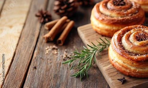 Cinnamon rolls with anise stars on top of it on a wooden table photo