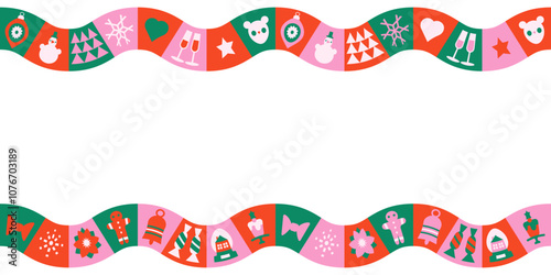 Christmas and New Year seamless border in mosaic style. Horizontal Christmas header for website template. Flat vector illustration.