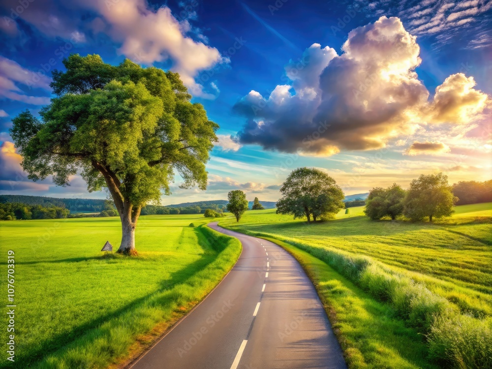 Fototapeta premium Scenic Bicycle Road Pathway with Lush Greenery - Perfect for Active Lifestyle and Outdoor Adventures