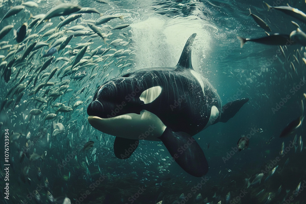 Obraz premium Fantastically beautiful majestic huge whale in deep ocean