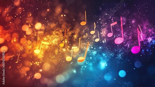 Abstract background with musical notes in multicolored neon glow