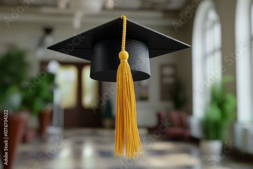 Black graduation cap with yellow tassel displayed indoors highlighting academic achievement