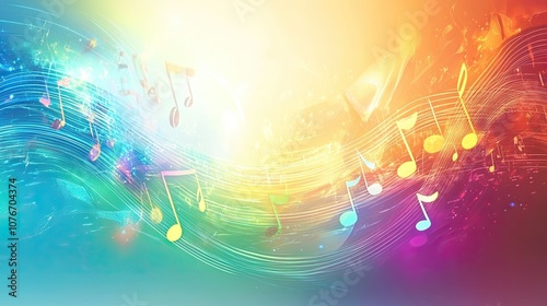 Multicolored watercolor background with musical notes