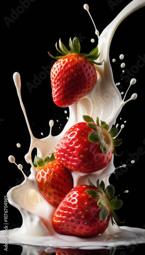 Strawberry Falling into Milk Splash on Black Background