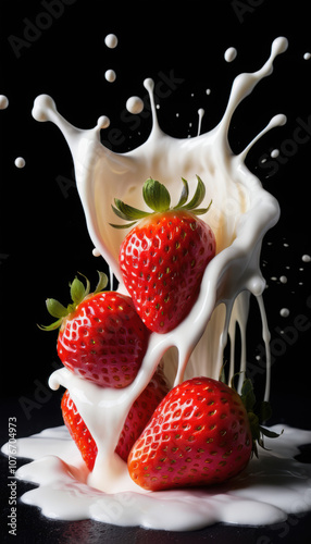 Strawberry Falling into Milk Splash on Black Background