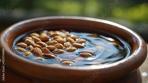 Almonds Soaking in Bowl with Serene Water Ripples,Close-up Shot with Selective Focus