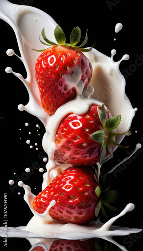 Strawberry Falling into Milk Splash on Black Background