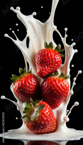 Strawberry Falling into Milk Splash on Black Background