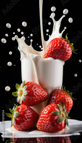 Strawberry with glass of milk Falling into Milk Splash with Strawberries on Black Background