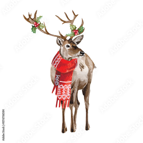 Vector freehand watercolor illustration of Christmas Deer isolated on white background. Hand drawn watercolour Reindeer painting. Design cards