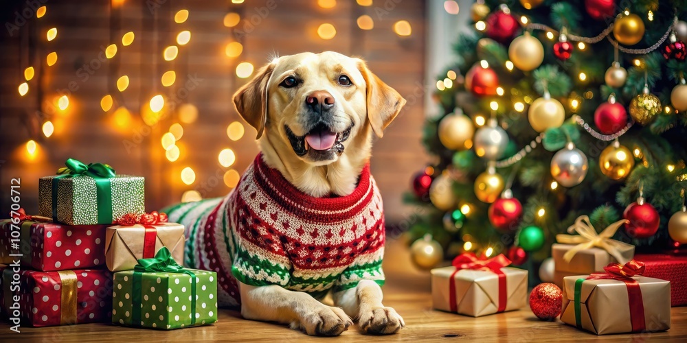 Fototapeta premium Cute Labrador in Christmas Sweater with Holiday Gifts Under Decorated Tree