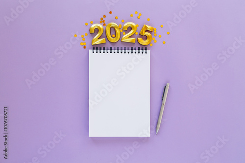 2025 New Year concept with empty notebook for your goals, plans, resolutions. Flat lay style. Christmas planning concept with space for text