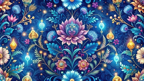 Wallpaper Mural  Floral Indigo Jaipur Print Cushion Pattern with Bokeh Effect for Textile Design Torontodigital.ca