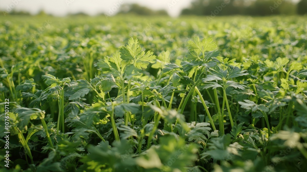 A lush field of green celery plants thriving under sunlight.