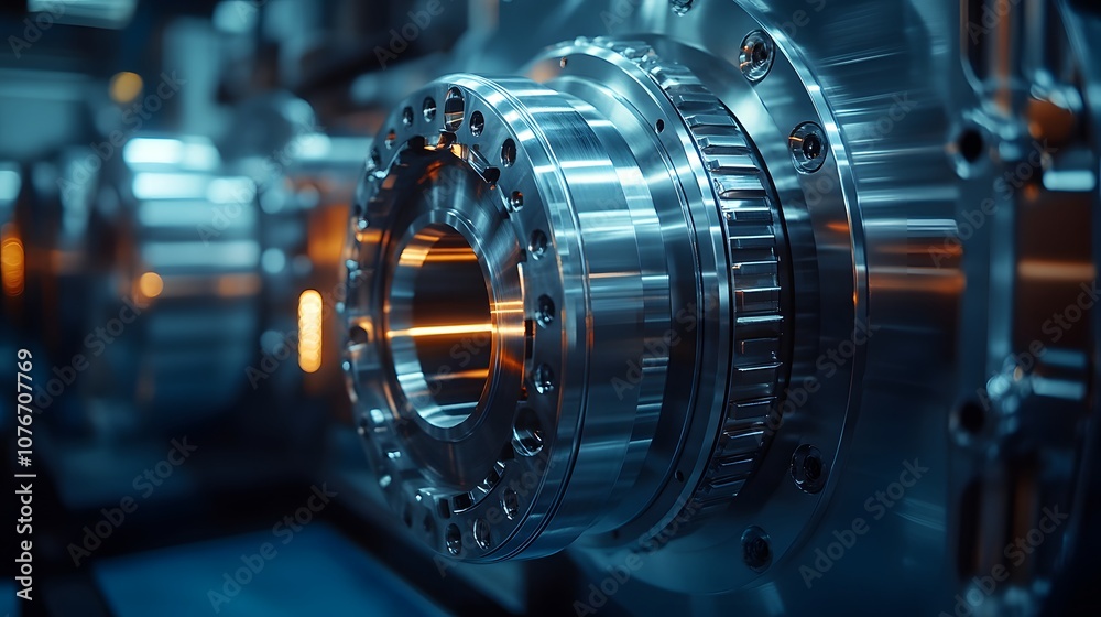 Fototapeta premium Detailed industrial photography of precision engineering parts, featuring metallic CNC components and chrome steel machinery against blue-tinted background.