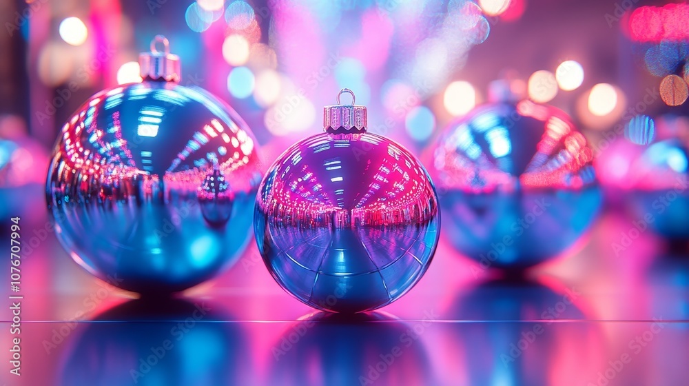 Obraz premium A close-up shot of neon Christmas ornaments in bright blue and pink, reflecting off chrome surfaces, illuminated by high-tech, holographic lighting effects