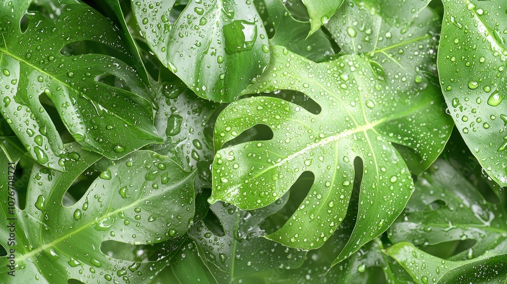Obraz premium Lush Green Monstera Leaves with Water Droplets Creating a Vibrant and Fresh Atmosphere Ideal for Nature and Plant Enthusiasts