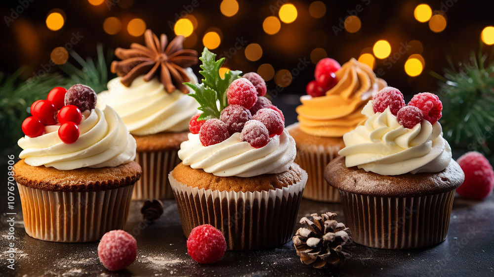 christmas cupcakes with cream, berries and bokeh backgrounds christmas cupcakes with cream, berries and bokeh backgrounds