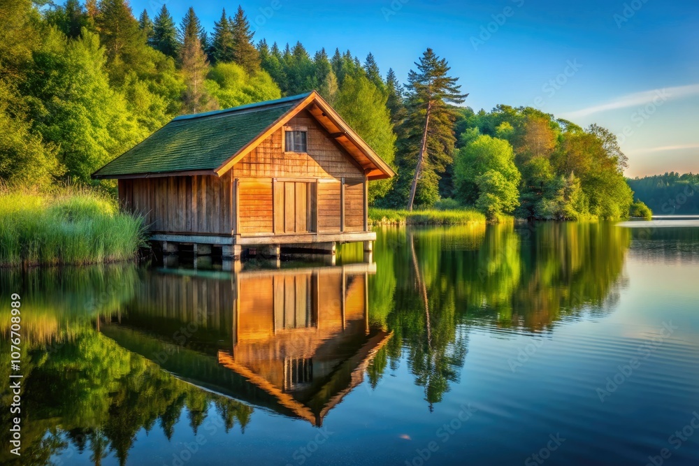 Serene Boathouse on a Tranquil Lake Shoreline in Architectural Photography Serene Boathouse on a Tranquil Lake Shoreline in Architectural Photography