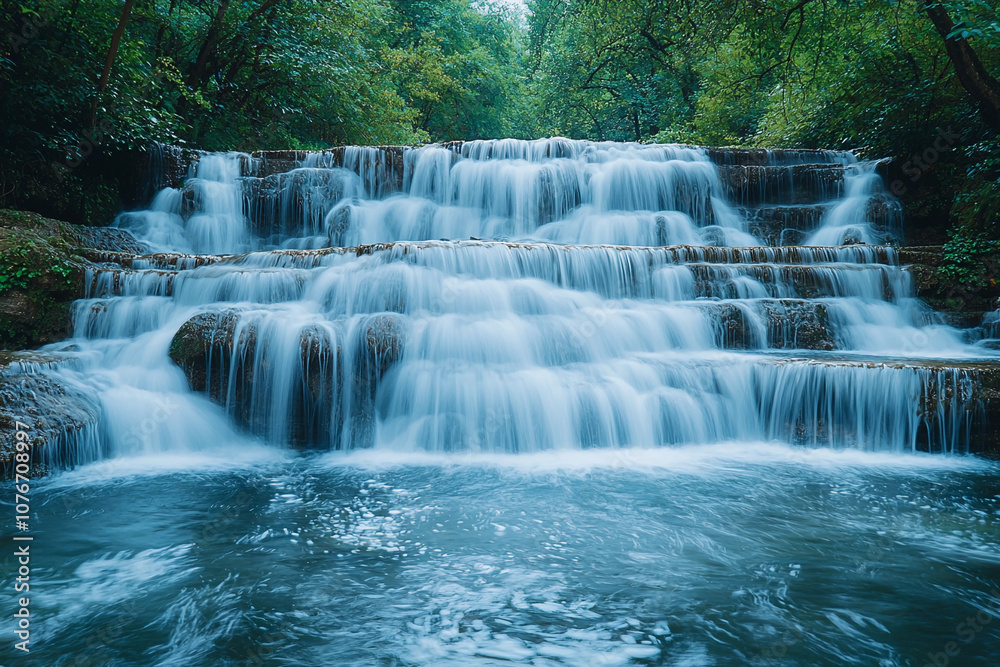 Obraz premium Waterfall cascading over rocks in a lush green forest setting