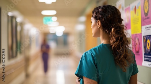 Healthcare worker observes busy hospital hallway. photo