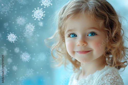 A cheerful child with curly hair and blue eyes smiles amid floating snowflakes and virus symbols