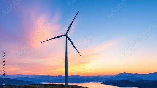 A solitary windmill silhouetted against a bright, clear sky at sunset, showcasing vibrant hues and serene landscapes near a tranquil body of water.