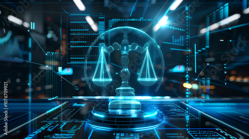 AR display featuring a virtual checklist of AI legal requirements and ethical standards, including transparency, accountability, and non-bias, visualized in a futuristic workspace.