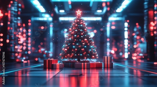 A sleek, futuristic Christmas tree with neon baubles, glowing geometric ornaments, and vibrant, ever-shifting LED lights in a tech-inspired, minimalistic holiday scene