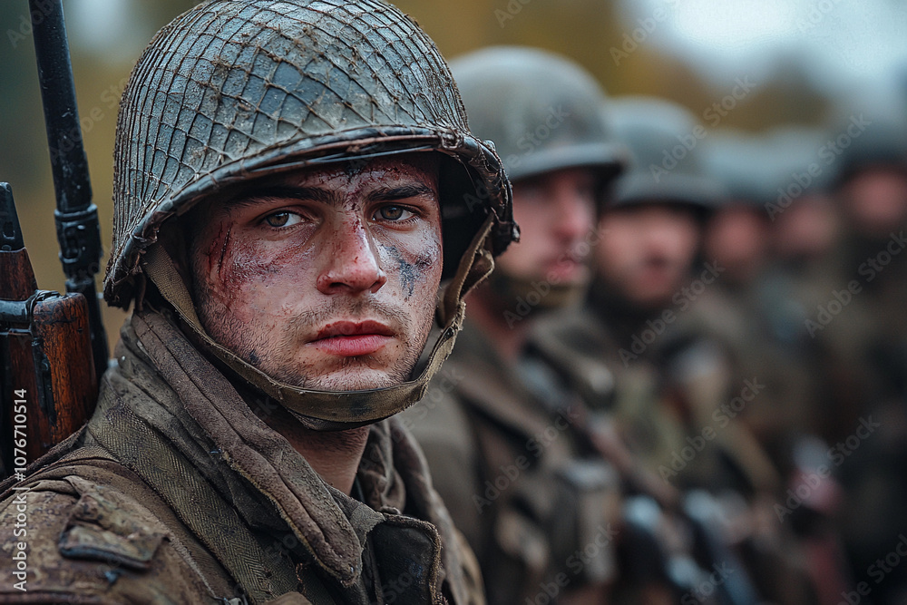 Fototapeta premium Soldiers in vintage uniforms train for battle