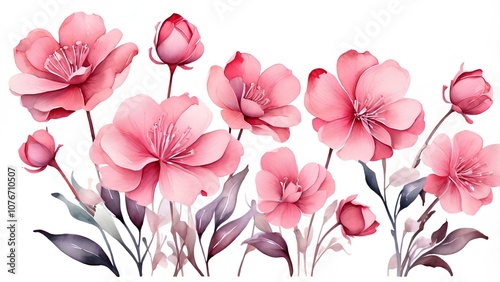 Elegant watercolor artwork of pink flowers with delicate petals and leaves on a white background. Soft gradients and artistic brushstrokes create a gentle, floral aesthetic