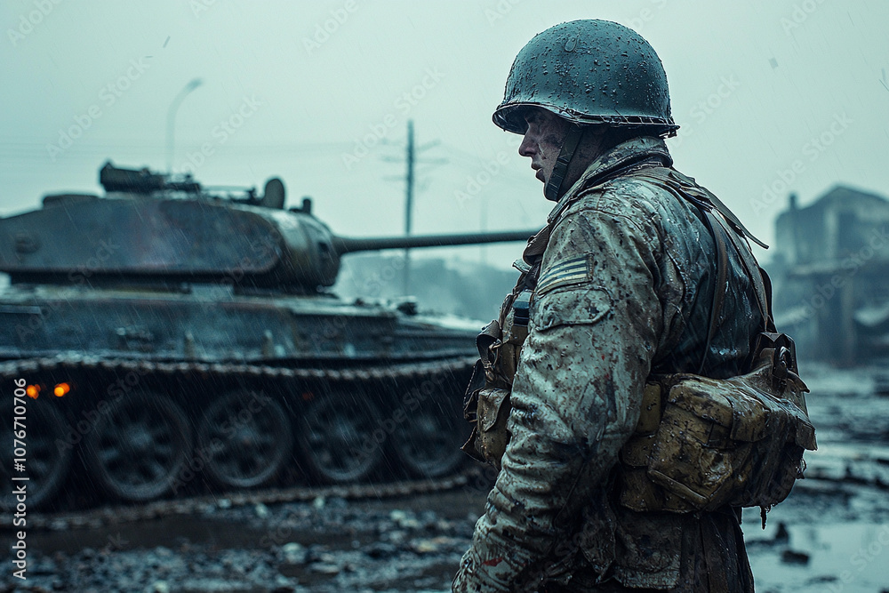 Fototapeta premium Soldier in rain-soaked uniform stands near tank in war-torn city
