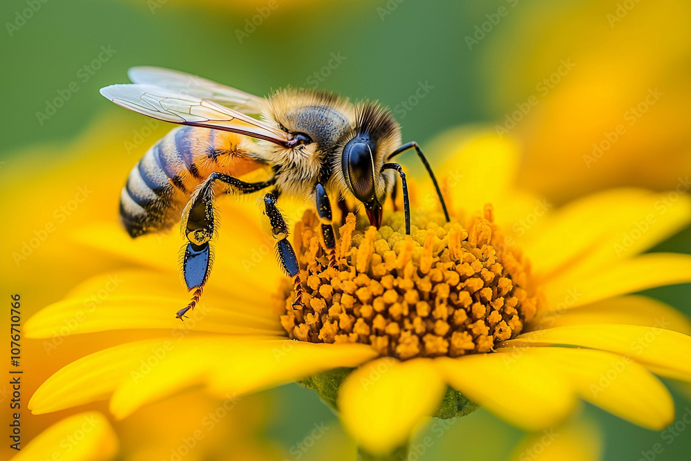 Bee pollinating a vibrant yellow flower on a sunny day Bee pollinating a vibrant yellow flower on a sunny day