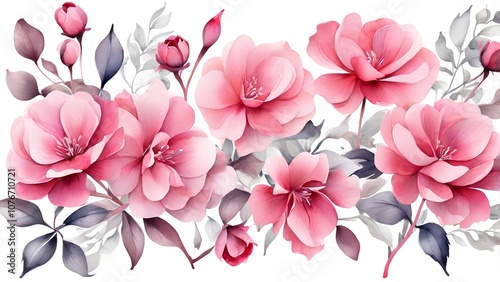 Elegant watercolor artwork of pink flowers with delicate petals and leaves on a white background. Soft gradients and artistic brushstrokes create a gentle, floral aesthetic