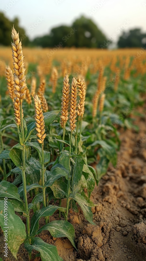 Fototapeta premium Wheat field with golden spikes.