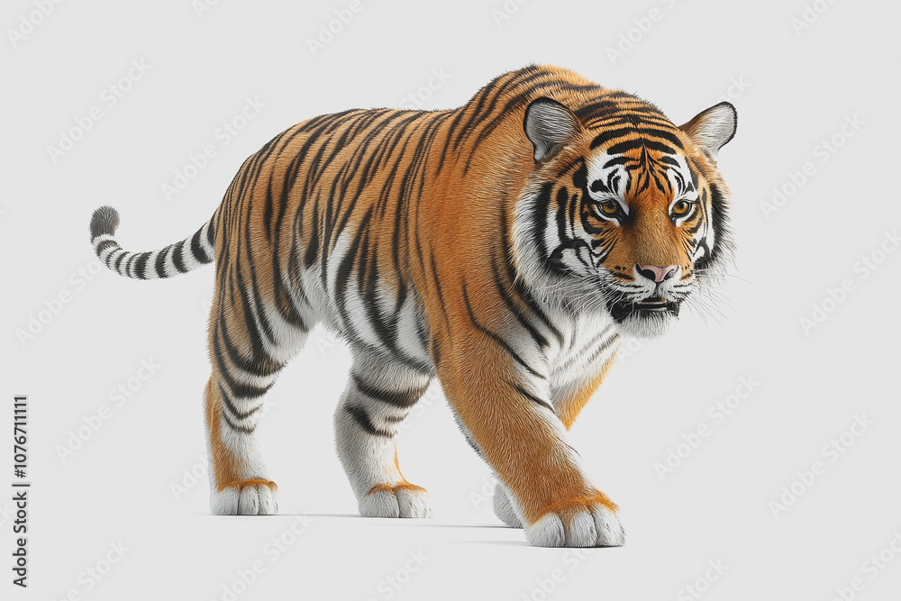 Fototapeta premium Realistic of a Majestic Tiger Walking on a White Background, Featuring Striking Colors and Detailed Fur Texture in Representation