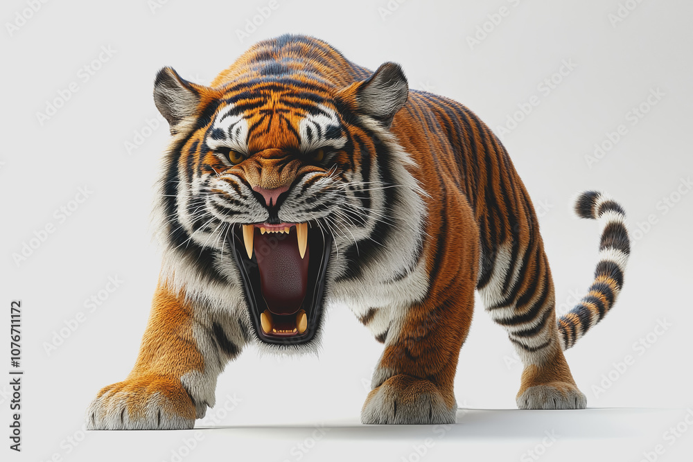 Obraz premium Realistic of a Fierce Tiger Tiger Roaring with Bared Teeth Isolated on a Clean White Background for Wildlife and Animal-Themed Projects