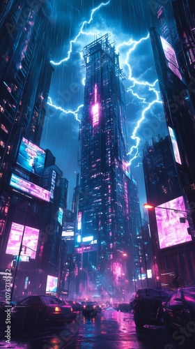 Lightning striking a massive tower in a cyberpunk world, surrounded by neon-lit skyscrapers